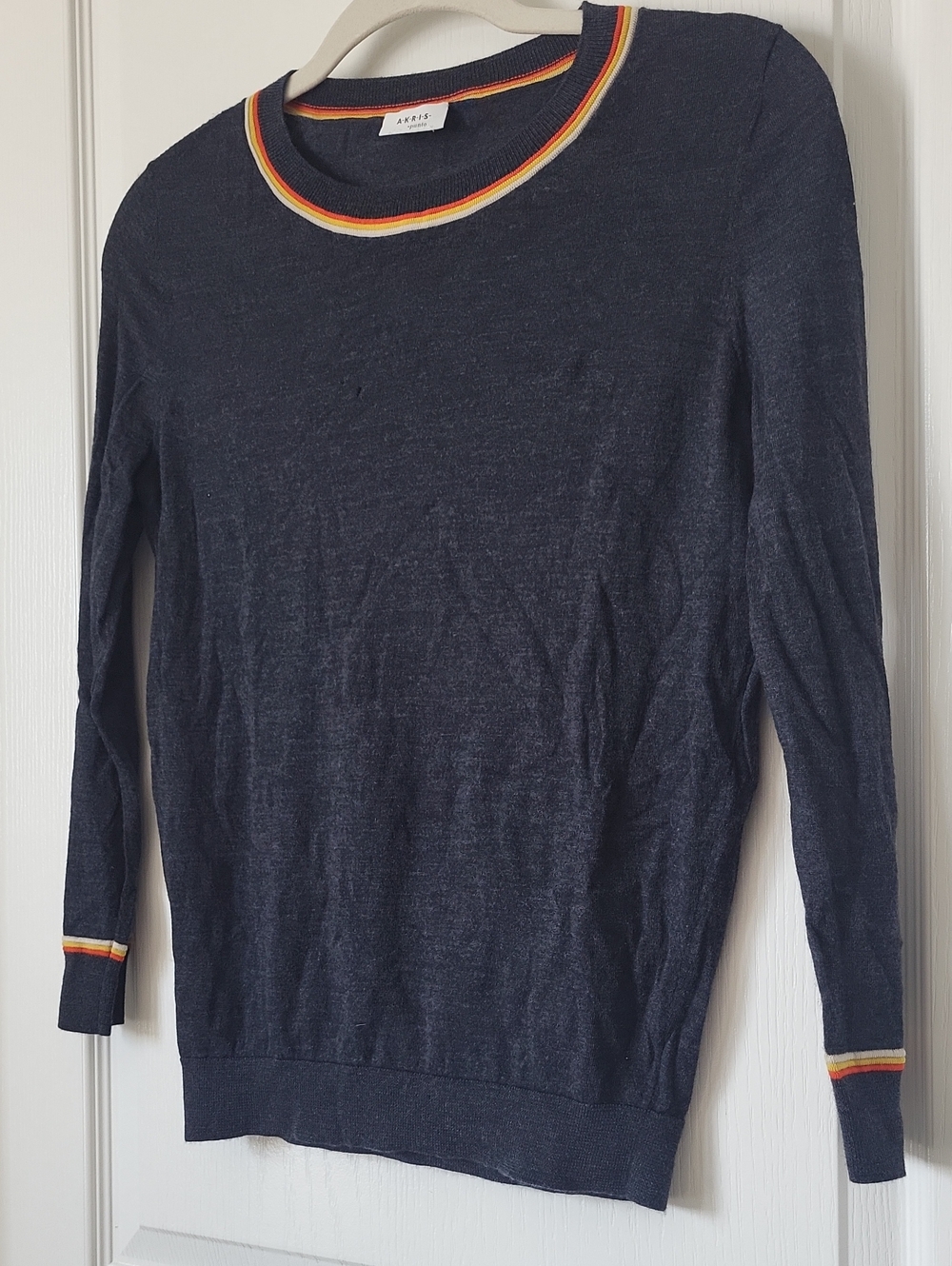 Akris Punto Women's Dark Navy Crewneck Pullover Sweater- Orange and Yellow Trim